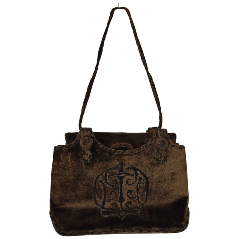 VTG 60s CESARE PICCINI Brown Velvet Flap Shoulder Bag Embroidered Motif